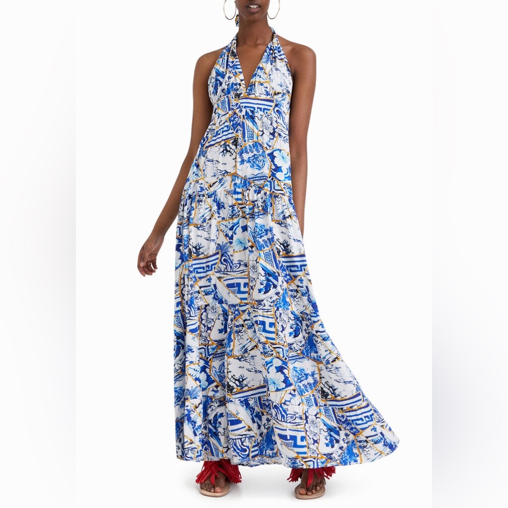 Stella Jean x DESIGUAL Blue and White Patterned Maxi Halter Dress